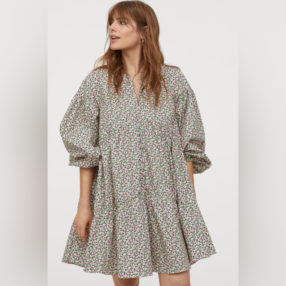 H&M Multicolor Ditsy Floral Long Sleeve Tiered Dress Xs